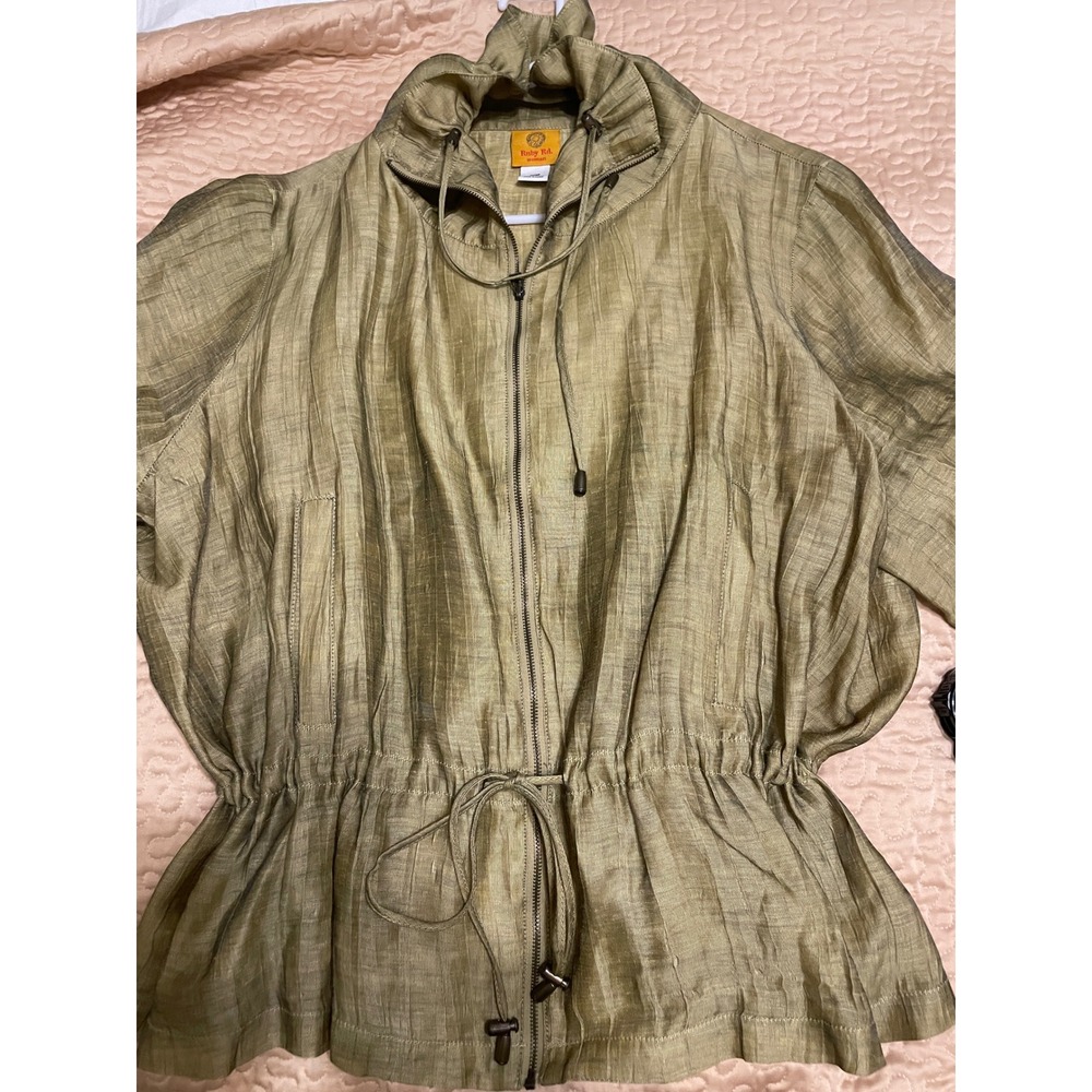 Ruby Rd. Woman Olive Linen Blend Zip Up Drawstring Waist Jacket Plus Size 20W